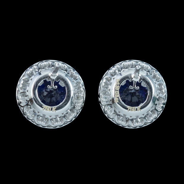 Edwardian Style Sapphire Diamond Cluster Stud Earrings 18ct Gold 2.3ct Sapphire