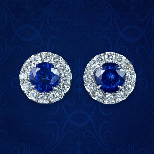 Edwardian Style Sapphire Diamond Cluster Stud Earrings 18ct Gold 2.3ct Sapphire