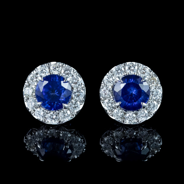 Edwardian Style Sapphire Diamond Cluster Stud Earrings 18ct Gold 2.3ct Sapphire