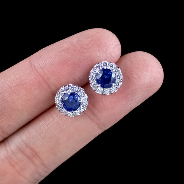 Edwardian Style Sapphire Diamond Cluster Stud Earrings 18ct Gold 2.3ct Sapphire