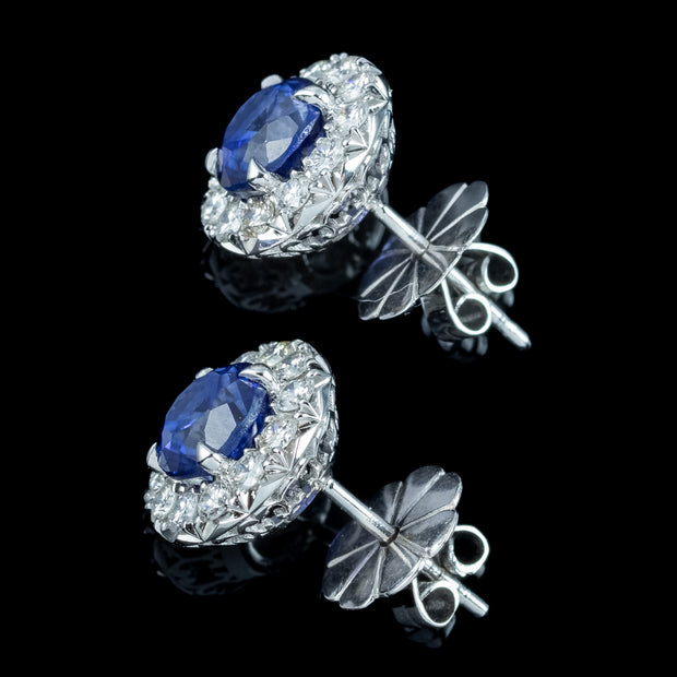 Edwardian Style Sapphire Diamond Cluster Stud Earrings 18ct Gold 2.3ct Sapphire