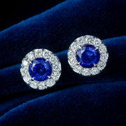 Edwardian Style Sapphire Diamond Cluster Stud Earrings 18ct Gold 2.3ct Sapphire