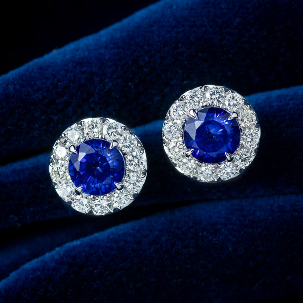 Edwardian Style Sapphire Diamond Cluster Stud Earrings 18ct Gold 2.3ct Sapphire