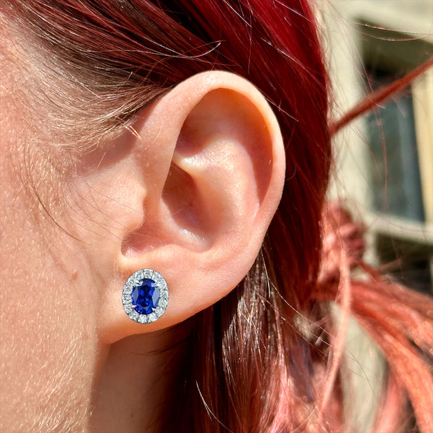 Edwardian Style Sapphire Diamond Cluster Stud Earrings 18ct Gold 3.59ct Sapphire