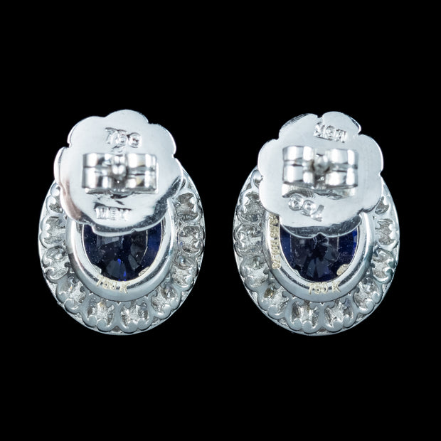Edwardian Style Sapphire Diamond Cluster Stud Earrings 18ct Gold 3.59ct Sapphire