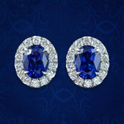 Edwardian Style Sapphire Diamond Cluster Stud Earrings 18ct Gold 3.59ct Sapphire