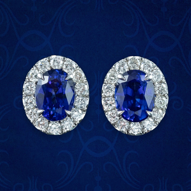 Edwardian Style Sapphire Diamond Cluster Stud Earrings 18ct Gold 3.59ct Sapphire
