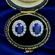 Edwardian Style Sapphire Diamond Cluster Stud Earrings 18ct Gold 3.59ct Sapphire