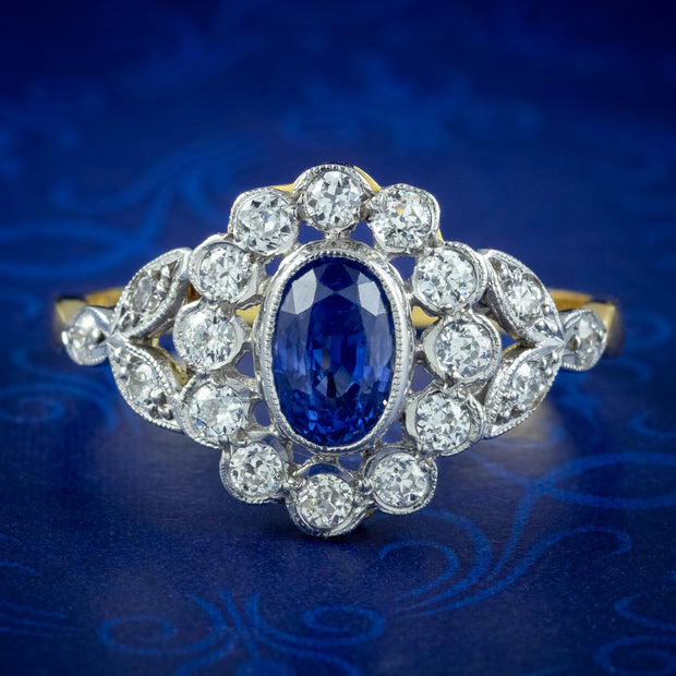 Edwardian Style Sapphire Diamond Daisy Cluster Ring 0.70ct Sapphire