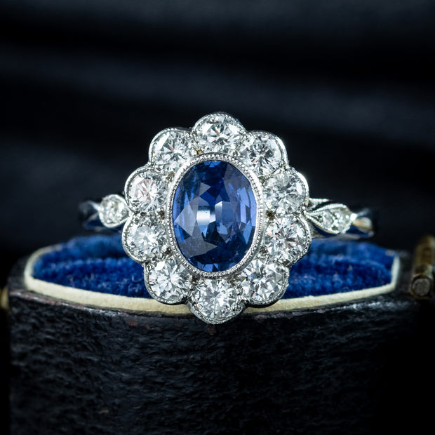 Edwardian Style Sapphire Diamond Daisy Cluster Ring 1.5ct Sapphire