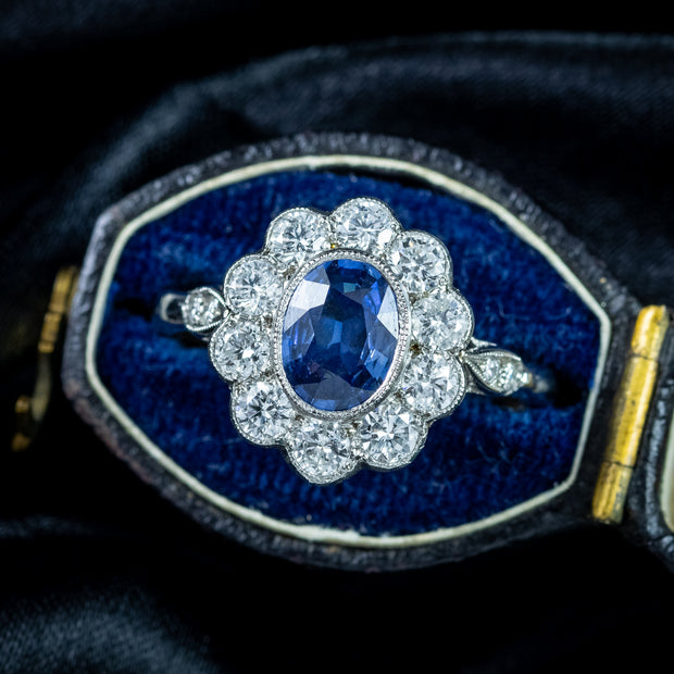 Edwardian Style Sapphire Diamond Daisy Cluster Ring 1.5ct Sapphire
