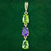 Edwardian Style Suffragette Amethyst Peridot Drop Pendant 9ct Gold