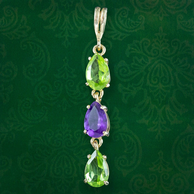 Edwardian Style Suffragette Amethyst Peridot Drop Pendant 9ct Gold