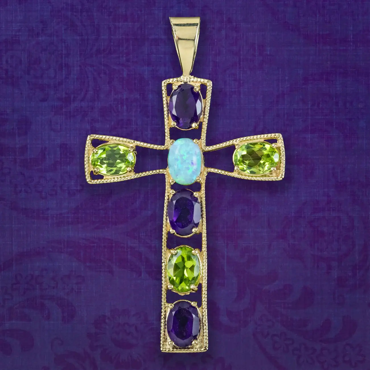 Edwardian Style Suffragette Cross Pendant Amethyst Peridot Opal