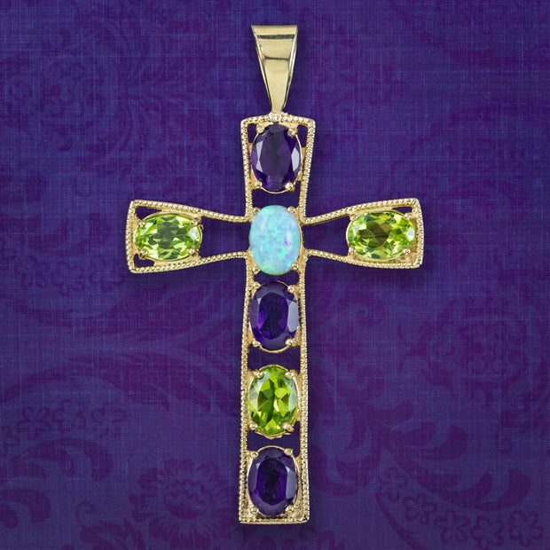 Edwardian Style Suffragette Cross Pendant Amethyst Peridot Opal 