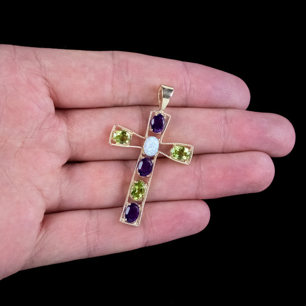 Edwardian Style Suffragette Cross Pendant Amethyst Peridot Opal 