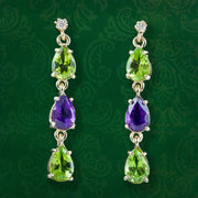 Edwardian Style Suffragette Drop Earrings Diamond Peridot Amethyst