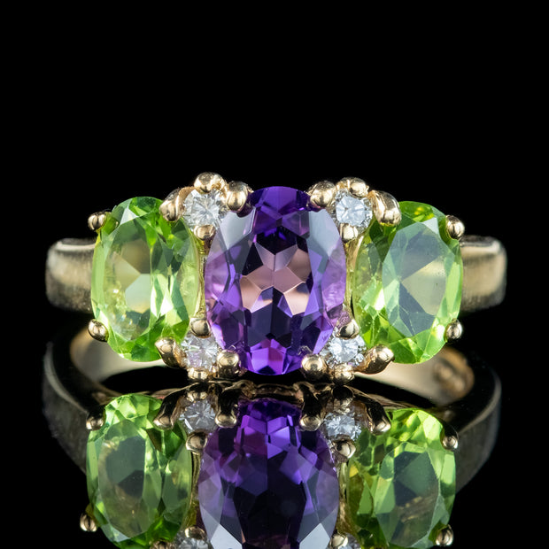 Edwardian Suffragette Style Ring Amethyst Peridot Diamond 9ct Gold