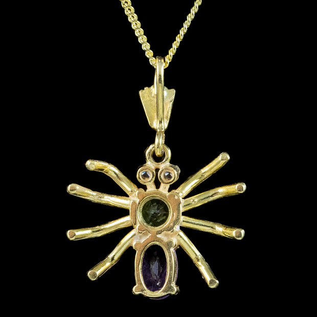 Edwardian Style Suffragette Spider Pendant Necklace Amethyst Peridot Diamond