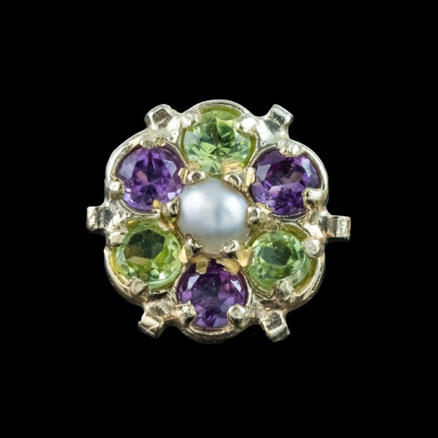 Edwardian Style Suffragette Stud Earrings Amethyst Peridot Diamond
