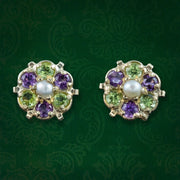 Edwardian Style Suffragette Stud Earrings Amethyst Peridot Diamond