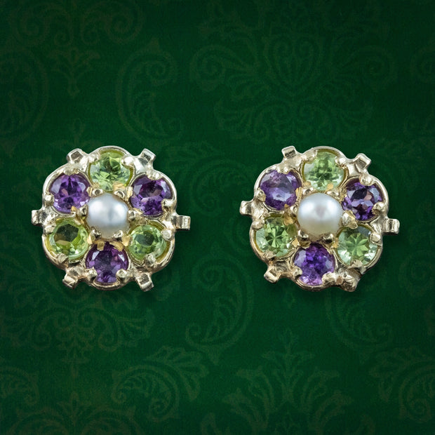 Edwardian Style Suffragette Stud Earrings Amethyst Peridot Diamond