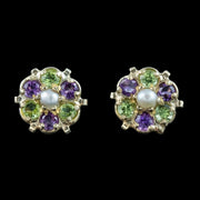 Edwardian Style Suffragette Stud Earrings Amethyst Peridot Diamond