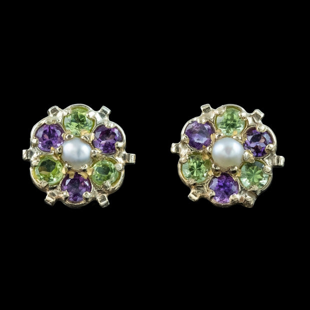 Edwardian Style Suffragette Stud Earrings Amethyst Peridot Diamond