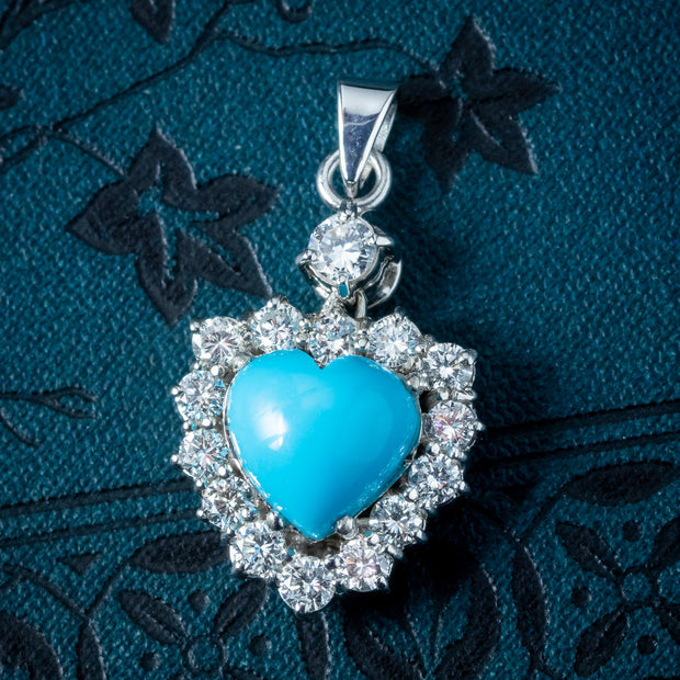 Edwardian Style Turquoise Diamond Heart Pendant Platinum
