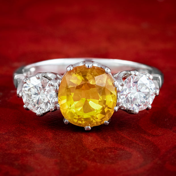 Edwardian Style Yellow Sapphire Diamond Trilogy Ring 1.8ct Sapphire