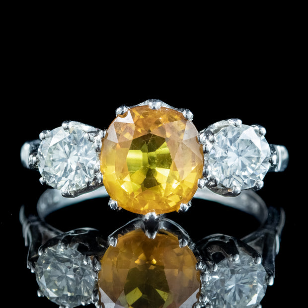 Edwardian Style Yellow Sapphire Diamond Trilogy Ring 1.8ct Sapphire