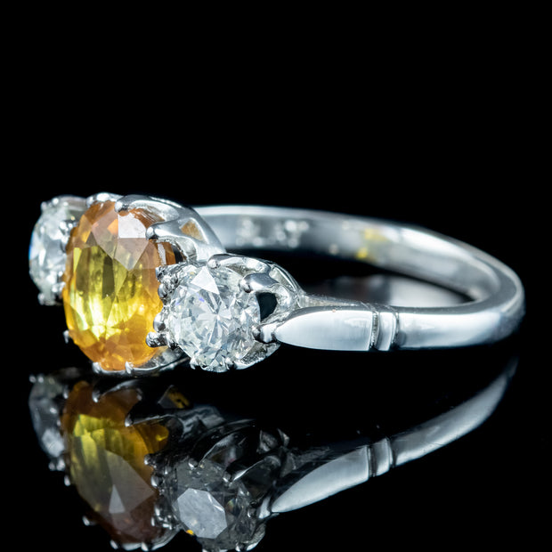 Edwardian Style Yellow Sapphire Diamond Trilogy Ring 1.8ct Sapphire