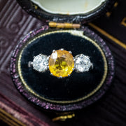 Edwardian Style Yellow Sapphire Diamond Trilogy Ring 1.8ct Sapphire