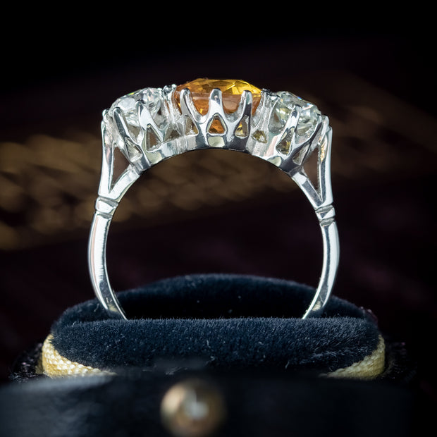 Edwardian Style Yellow Sapphire Diamond Trilogy Ring 1.8ct Sapphire