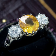 Edwardian Style Yellow Sapphire Diamond Trilogy Ring 1.8ct Sapphire