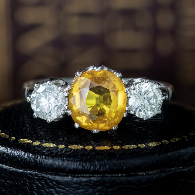 Edwardian Style Yellow Sapphire Diamond Trilogy Ring 1.8ct Sapphire