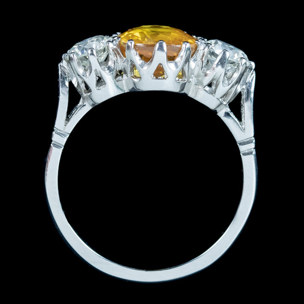 Edwardian Style Yellow Sapphire Diamond Trilogy Ring 1.8ct Sapphire