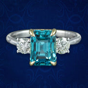 Edwardian Style Zircon Diamond Trilogy Ring 5.88ct Blue Zircon 
