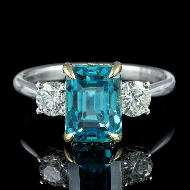 Edwardian Style Zircon Diamond Trilogy Ring 5.88ct Blue Zircon 