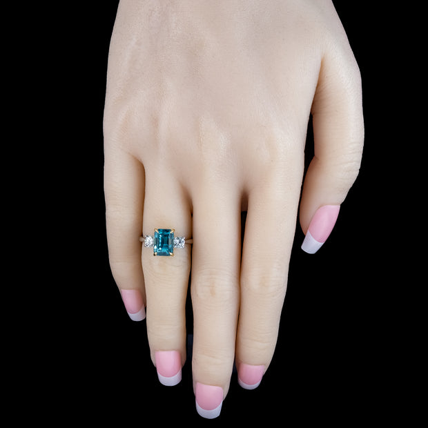 Edwardian Style Zircon Diamond Trilogy Ring 5.88ct Blue Zircon 