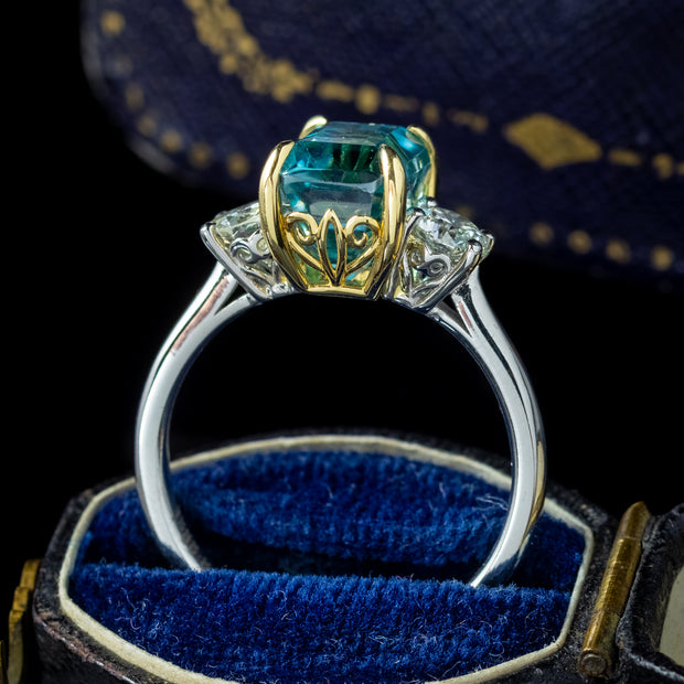 Edwardian Style Zircon Diamond Trilogy Ring 5.88ct Blue Zircon 