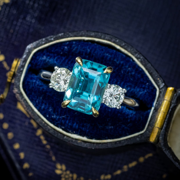 Edwardian Style Zircon Diamond Trilogy Ring 5.88ct Blue Zircon 