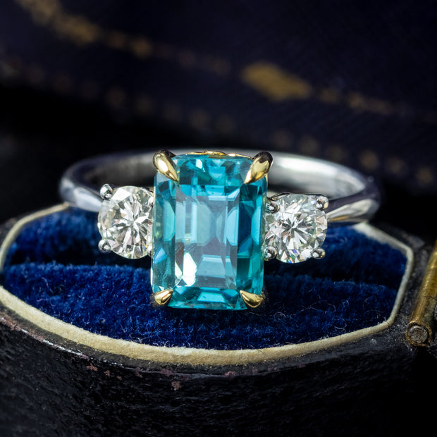 Edwardian Style Zircon Diamond Trilogy Ring 5.88ct Blue Zircon 