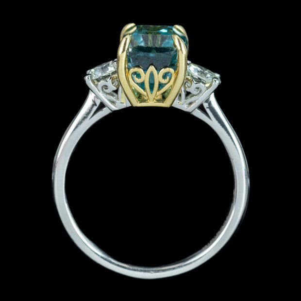Edwardian Style Zircon Diamond Trilogy Ring 5.88ct Blue Zircon 