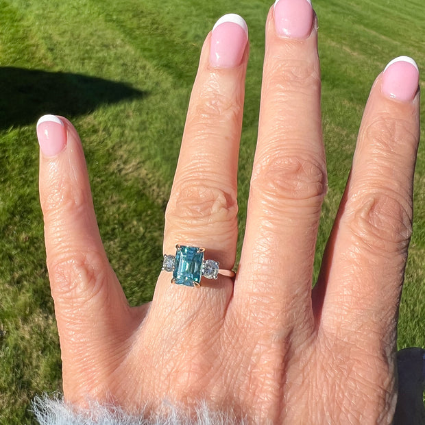 Edwardian Style Zircon Diamond Trilogy Ring 5.88ct Blue Zircon 