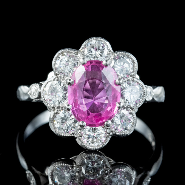 Edwardian Style Pink Sapphire Diamond Daisy Cluster Ring 1.5ct Sapphire With Cert