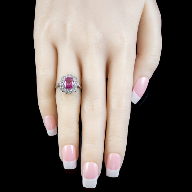 Edwardian Style Pink Sapphire Diamond Daisy Cluster Ring 1.5ct Sapphire With Cert