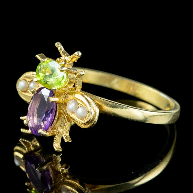 Edwardian Suffragette Style Bee Ring Peridot Amethyst Pearl