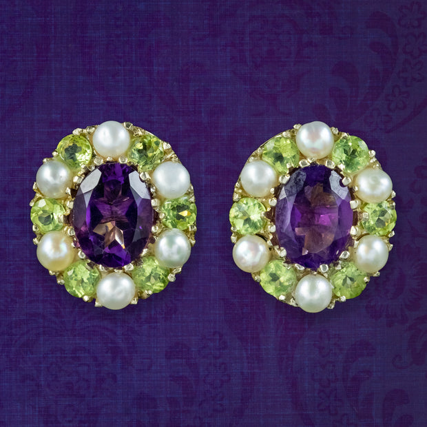Edwardian Style Suffragette Cluster Stud Earrings Amethyst Peridot Pearl 