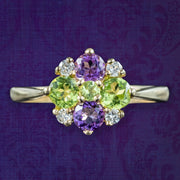 Edwardian Suffragette Style Cluster Ring Amethyst Peridot Diamond